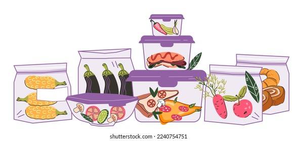 Food storage to reduce food waste concept. Meal leftover packed in containers and zip bags, flat cartoon hand drawn vector illustration isolated on white background.