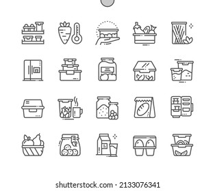 Food storage. Refrigerator and fridge. Food container. Bag for bread. Pixel Perfect Vector Thin Line Icons. Simple Minimal Pictogram