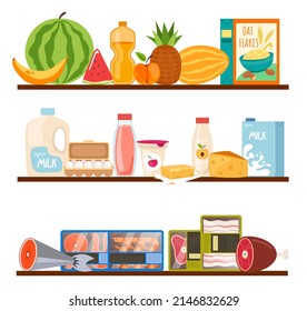 Food storage shelf isolated set collection. Vector flat cartoon design element illustration