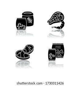 Food store categories drop shadow black glyph icons set. Pasta in package. Wheat grain in bag. Macaroni products. Fresh seafood. Snacks in packets. Isolated vector illustrations on white space