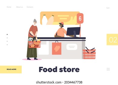 Food store concept of landing page with senior woman at supermarket cashier desk paying and purchasing grocery in retail shop. Older lady in shopping mall. Cartoon flat vector illustration