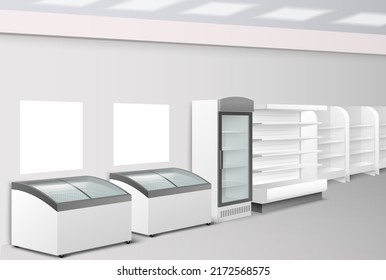 Decoración de la tienda de comestibles con estante de pared vacío, frigorífico frigorífico pequeño y nevera para beber. Material de supermercado o tienda minorista realista burla ilustración vectorial