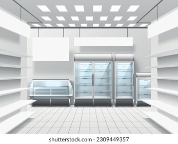 Food store interior empty fridges. Trading floor with shelves, showcases and refrigerators, supermarket equipment for products and drink merchandise, 3d isolated elements utter vector concept
