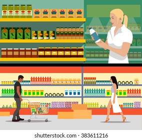 Food store interior vector illustration in flat style. Customers buy products in supermarket. Groceries and foodstuff on shelves. People shopping.