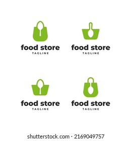 Conjunto de logotipos de la tienda de alimentos con un diseño combinado de bolsa de papel y cuchara de espacio blanco