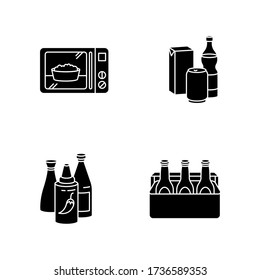 Food store products black glyph icons set on white space. Ready meal. Microwave popcorn. Different beverages. Ketchup in bottle. Alcohol drink. Silhouette symbols. Vector isolated illustration