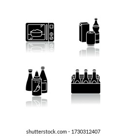 Food store products drop shadow black glyph icons set. Ready meal. Microwave popcorn. Different beverages. Pepper for cooking. Beer sixpack. Alcohol drink. Isolated vector illustrations on white space