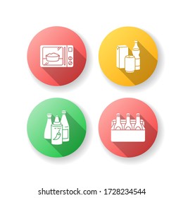 Food store products flat design long shadow glyph icons set. Ready meal. Microwave popcorn. Different beverages. Hot sauce, ketchup in bottle. Pepper for cooking. Silhouette RGB color illustration