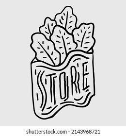 Food store, shop logo or sticker. Freehand draw style and flat design. Shop board.