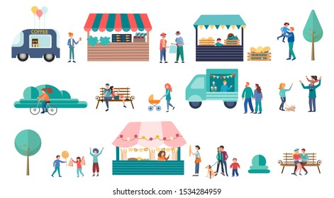 Food Street Fair concept vector illustration, Family Festival Poster and banner. Bakery, Vegetable Stand, Drinks Kiosks Offer Different Meals, Family Spare Time, Weekend. 