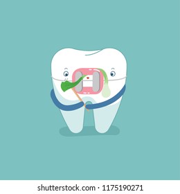 Food stuck in brace tooth, dental concept design vector.