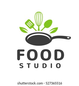 Food studio vector logo concept. Kitchen tools. Food icon. Food and Cooking logo. Restaurant vector logo template. Cafe logo. Pan icon.