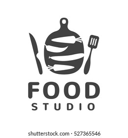 Food studio vector logo concept. Kitchen tools. Food icon. Food and Cooking logo. Restaurant vector logo template. Cafe logo