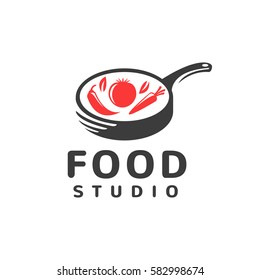 Food studio vector logo concept. Kitchen tools. Food icon. Food and Cooking logo. Restaurant, Cafe vector logo template. Pan icon.