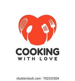 Food studio vector logo. Cooking with love sign. Kitchen tools. Food icon. Cooking logo. Restaurant vector logo template. Cafe logo. Chef hat icon