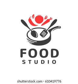 Food Studio Vector Logo. Kitchen Tools. Food Icon. Cooking Logo. Restaurant Vector Logo Template. Cafe Logo. Pan Icon.