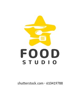 Food studio vector logo. Kitchen tools. Food icon. Cooking logo. Restaurant vector logo template. Cafe logo.