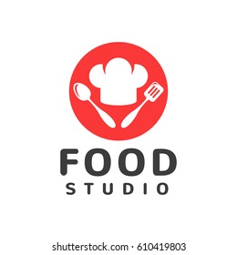 Food studio vector logo. Kitchen tools. Food icon. Cooking logo. Restaurant vector logo template. Cafe logo.