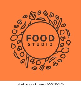 Food studio vector logo. Kitchen tools. Food icon. Cooking logo. Restaurant vector logo template. Cafe logo.