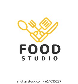 Food studio vector logo. Kitchen tools. Food icon. Cooking logo. Restaurant vector logo template. Cafe logo.