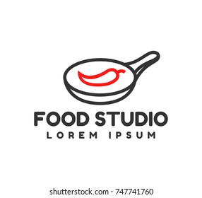 Food studio vector logo. Kitchen tools. Food icon. Cooking logo. Restaurant vector logo template. Cafe logo. Pan icon.