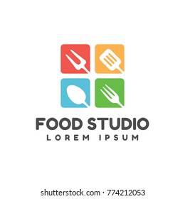 Food studio vector logo. Kitchen tools. Food icon. Cooking logo. Restaurant vector logo template. Cafe logo