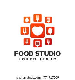 Food studio vector logo. Kitchen tools. Food icon. Cooking logo. Restaurant vector logo template. Cafe logo