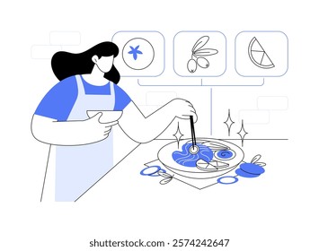 Food styling isolated cartoon vector illustrations. Girl lays out meal, food photography and styling, workshop day, working with ingredients, decorate a plate, create design vector cartoon.