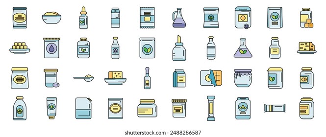 Food substitutes icons set outline vector. Sweetener chemical. Diet food thin line color flat on white