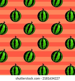 Food summer pattern with cartoon watermelons on pink background. Beautiful fruit found for your design. Concept of organic, fresh, vegan, healthy, diet food. Smoothies and juices.