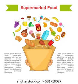 Food supermarket bag concept. Cartoon illustration of food supermarket bag vector concept for web