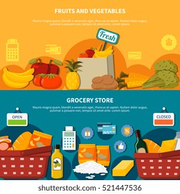 Food supermarket horizontal banners set with food symbols fruits and vegetables grocery store orange blue backround flat vector illustration