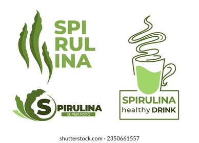 food supplement and healthy lifestyle, spirulina superfood seaweed with vitamins and minerals for health and beauty. Drink for nourishment, beverage for dieting and nutrition. Vector in flat style