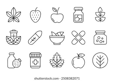 Food supplement, herbal, natural, vitamin related Minimalist Line 15 pcs icons set isolated on white background flat vector illustration.