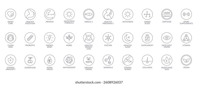 Food supplement line icon set. Natural vitamin, probiotic, protein, mineral sign for packaging. Healthy, organic, bio, vegan product label. Detox diet badges. Nutrition sign. Vector illustration.