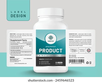 Food supplement multi vitamin label sticker design and dietary medicine bottle jar box packaging.