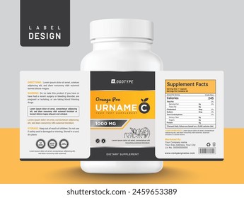 Food supplement multi vitamin label sticker design and dietary medicine bottle jar box packaging.