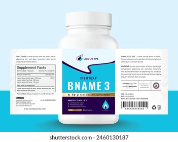 Food supplement multi vitamin label sticker design and dietary omega bottle jar box packaging.