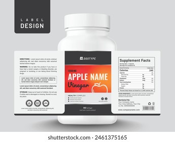 Suplemento alimenticio etiqueta multivitamínica etiqueta de manzana diseño vinagre cápsula dietética botella moderna caja de tarro de embalaje.