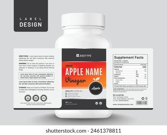 Food supplement multi vitamin label apple sticker design vinegar dietary capsule modern bottle jar box packaging.