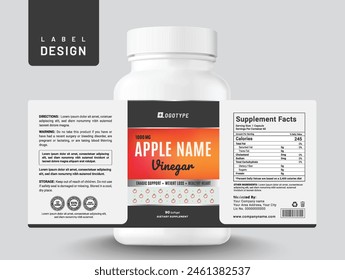 Nahrungsergänzungsmittel Multi Vitamin Label Apfel Aufkleber Design Essig Diätetische Kapsel Moderne Flasche Glas Box Verpackung.