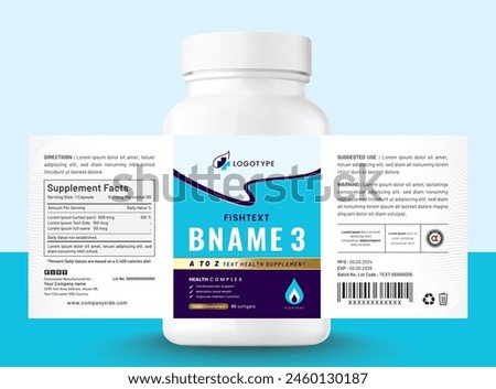 Food supplement multi vitamin label sticker design and dietary omega bottle jar box packaging.