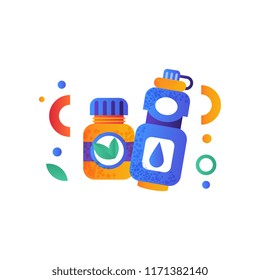 Food supplement nutrition bottle, water bottle, sport, fitness, balanced diet signs, healthy lifestyle concept, vector Illustration on a white background