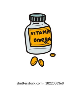 Food supplement Omega-3. Bottle and capsules. Healthy fats. Colored linear style doodle. Weight loss and nutrition concept. All element is isolated on a white background. Vector.