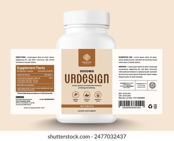 Food supplement vitamin herbal label sticker design dietary organic capsule modern bottle jar box packaging.