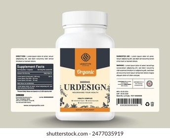 Food supplement vitamin herbal label sticker design dietary organic capsule modern bottle jar box packaging.