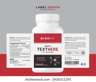 Food supplement vitamin label sticker design and minimal packaging, bottle jar label, medicine health nutrition tablet product box print template.