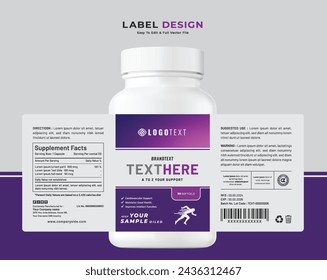 Food supplement vitamin label sticker design and minimal packaging, bottle jar label, medicine health nutrition tablet product box print template.