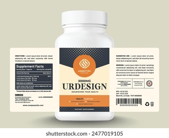 Food supplement vitamin medicine  label sticker design dietary drug capsule and tablet modern bottle jar box packaging.