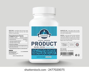 Food supplement vitamin medicine  label sticker design dietary drug capsule and tablet modern bottle jar box packaging.